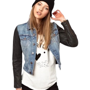 Maison Scotch Leather Sleeved Jean Jacket Womens Size Large